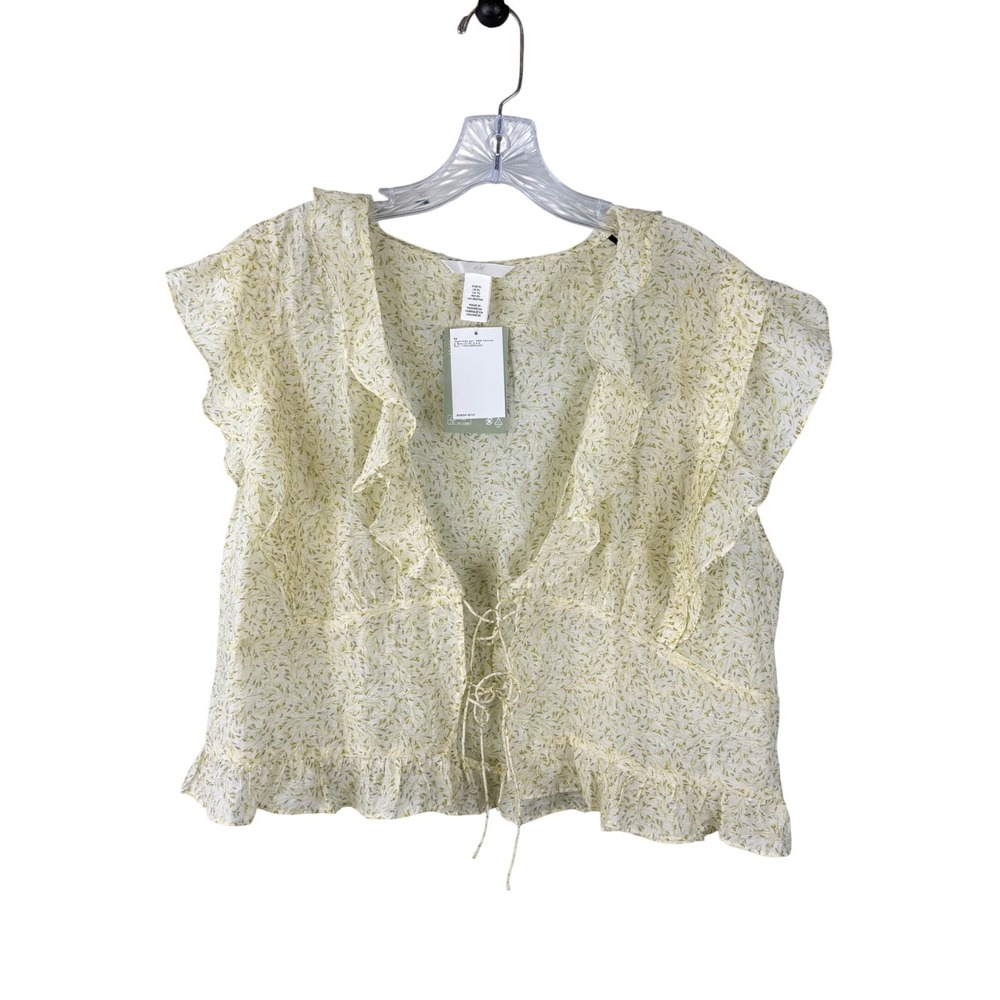 H&M Ruffle Tie-Front Blouse Cream Green Floral XL Ruffled V-Neck Crop Top